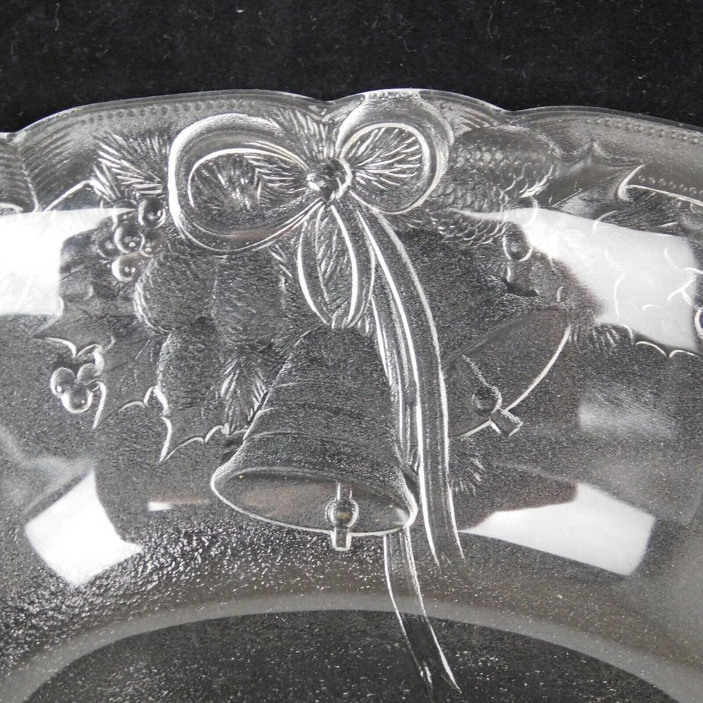 Mikasa Serving Bowl Festive Bells Embossed Oval Frosted Glass Scrolled Edge - Picture 2 of 8